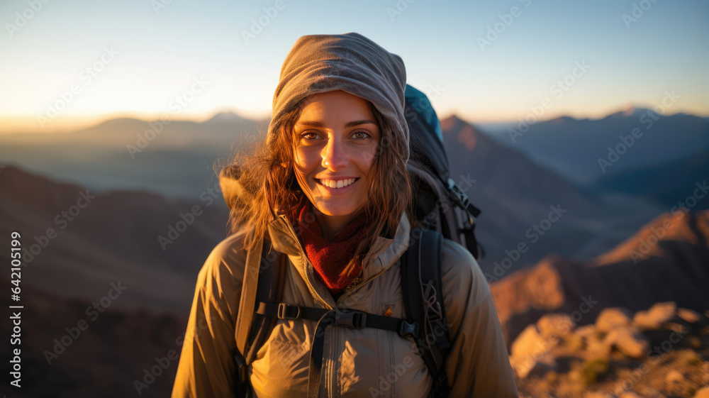 Portrait of a female hiker with a backpack on the mountain