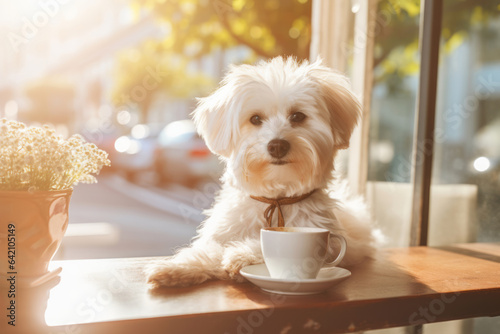 Funny fluffy  white dog at restaurant on sun lights background. Furry-friend