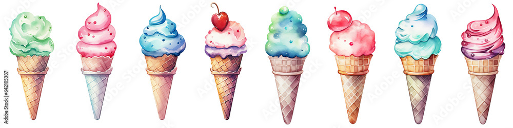 Watercolor illustration of ice cream collection on white background, decorative items, watercolor summer vintage ice cream set Watercolor illustration of ice cream collection on white background, decorative items, watercolor summer vintage ice cream set