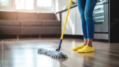 Low section of young woman cleaning floor with wet mop at home.