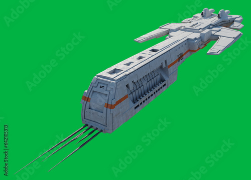Space Ship with White and Orange Colour Scheme on Green Screen Background - Front View, 3d digitally rendered science fiction illustration