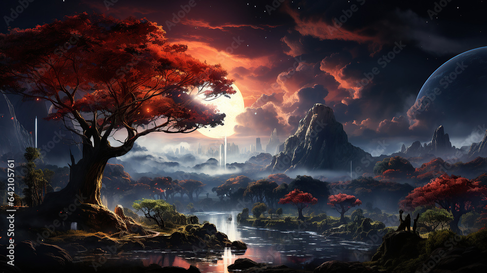 galaxy sky, big tree, dramatic atmosphere, flying island, waterfall