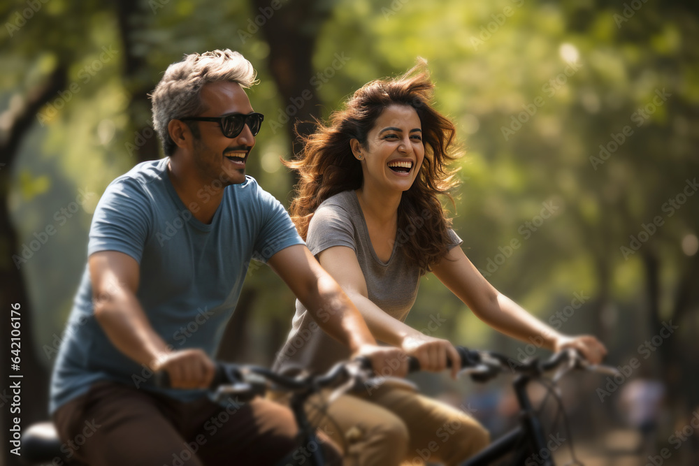 Happy Indian couple riding on bicycle in the park