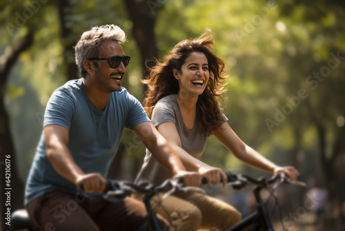 Valokuva Happy Indian couple riding on bicycle in the park