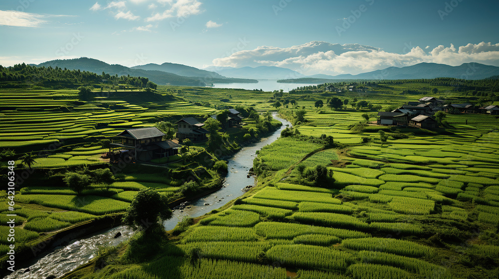 Rice farm, aerial drone view