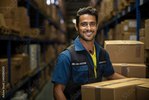 Indian happy delivery man standing with box to be delivered
