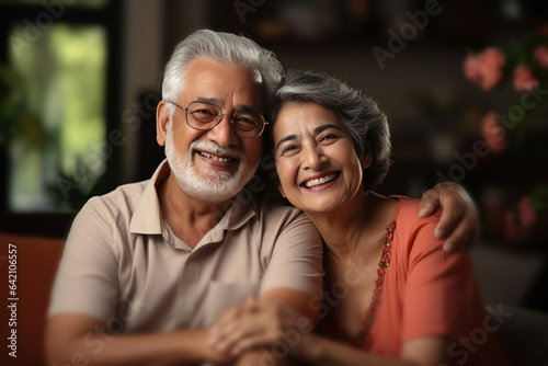 Portrait of Indian happy couple embracing each other at home on sofa or dining table
