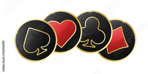 Glossy playing card suit symbol with gold border. Hearts, diamonds, clubs and spades chips signs icons. Vector illustration chips. White background