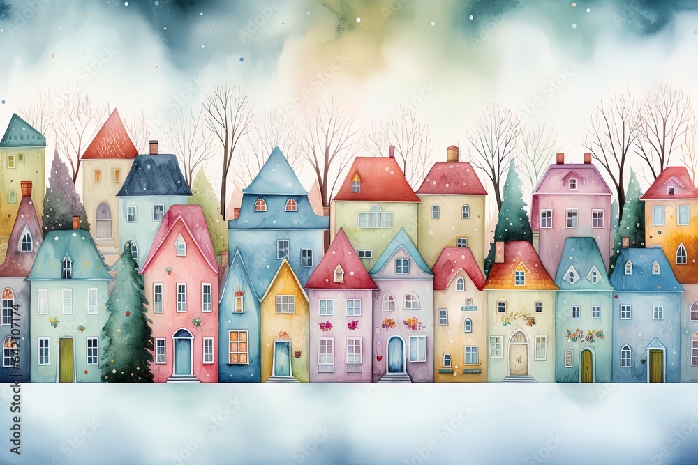 Narrow colorful town houses in a winter mood. Adorable medieval buildings standing near each other, european, nordic or german-style. Christmas card, banner, greetings. Romantic seasonal illustration. Narrow colorful town houses in a winter mood. Adorable medieval buildings standing near each other, european, nordic or german-style. Christmas card, banner, greetings. Romantic seasonal illustration.