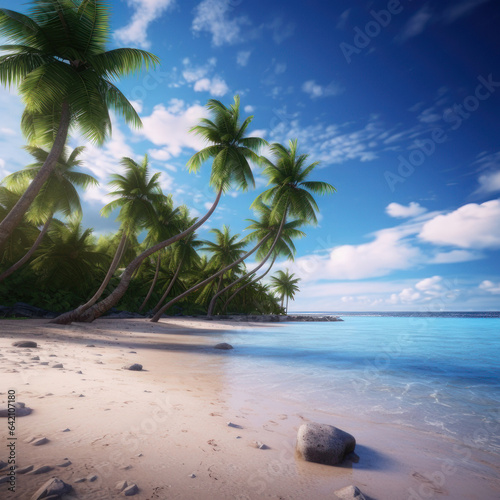 Tropical beautiful beach with palm trees. Summer vacation, travel. Square photo. AI generative. © Iaroslav