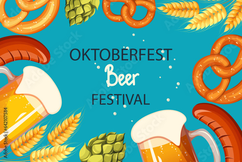 Oktoberfest, beer festival.Background with beer, sausages, pretzels.Web banner.Vector illustration.