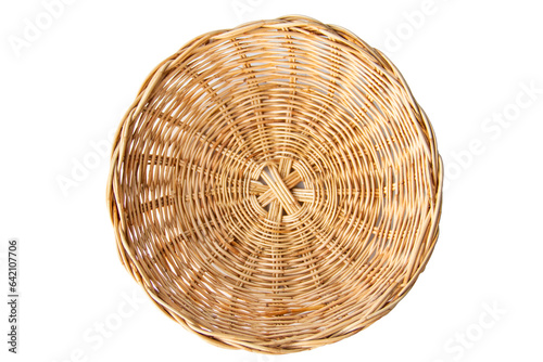 Empty wicker basket on white background, top view
