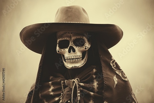 A skeleton wearing a Mexican hat, black-white