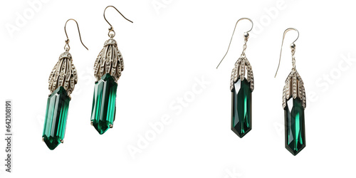 Malachite stone earrings with silver chain on a transparent background