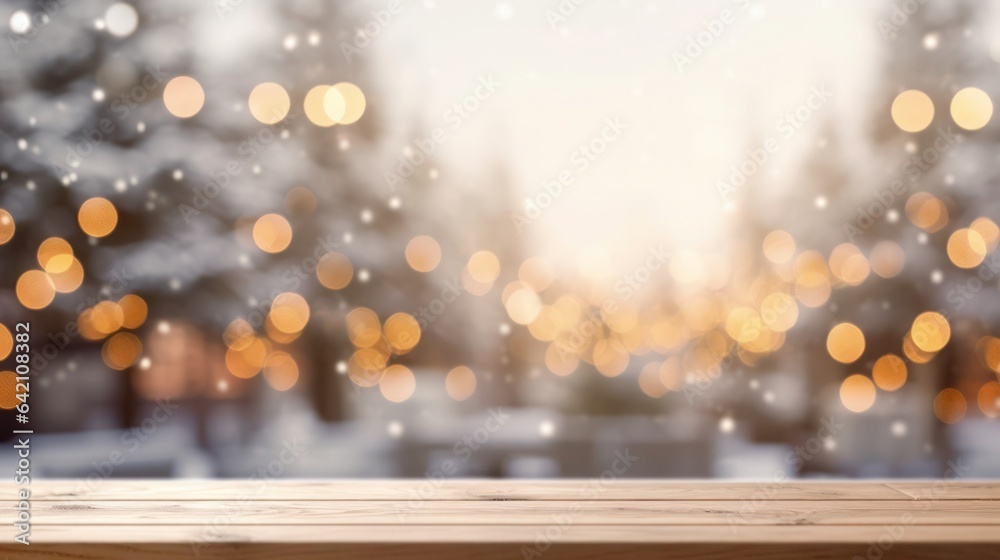 Christmas decoration with empty wood and blur background