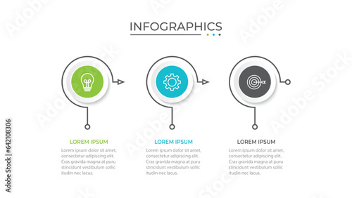Business infographic thin line process with circle template design with icons and 3 options or steps.