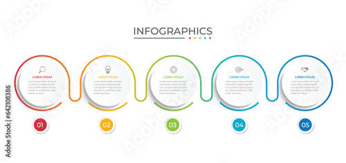 Business infographic thin line process with circle template design with icons and 5 options or steps.