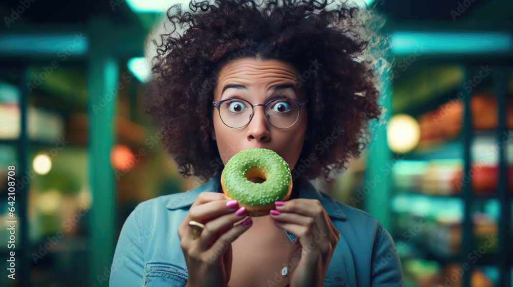 Young woman eating a donut - obrazy, fototapety, plakaty 