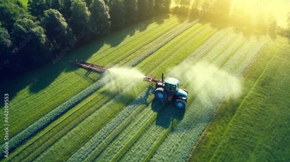 Top view of Tractor spraying water to green field Top view of Tractor spraying water to green field