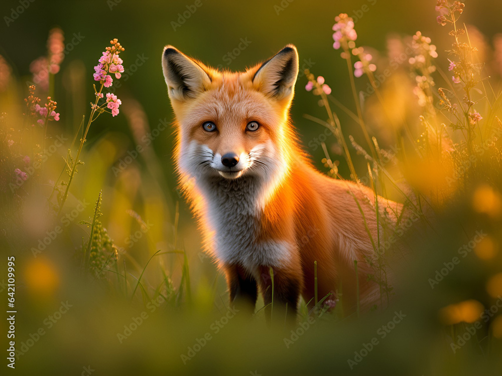 Fototapeta premium Portrait of a fox among flowers in a meadow at sunset.