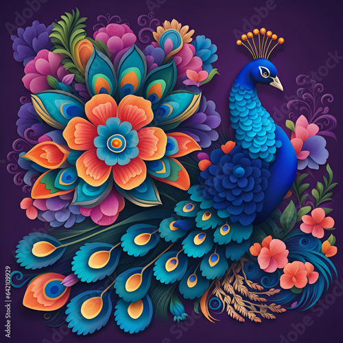 Colorful illustration of a peacock among flowers. 