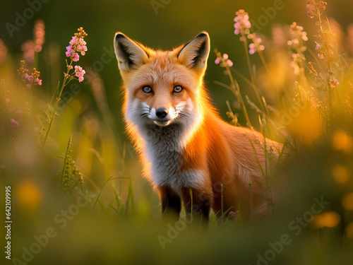 Portrait of a fox among flowers in a meadow at sunset.