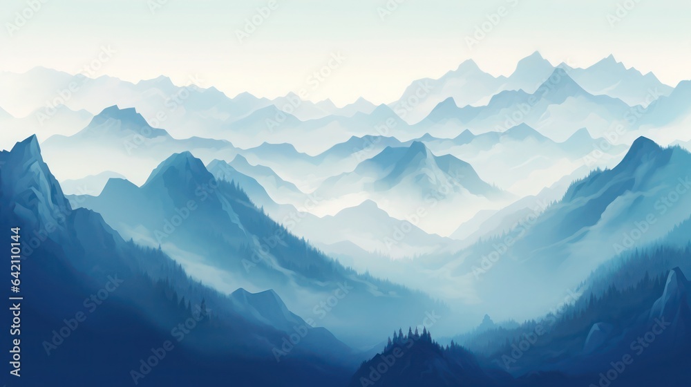 Beautiful colorful mountain landscape at sunrise. Stunning foggy landscape of mountains and forest silhouettes. Wonderful landscape for printing. Vector illustration