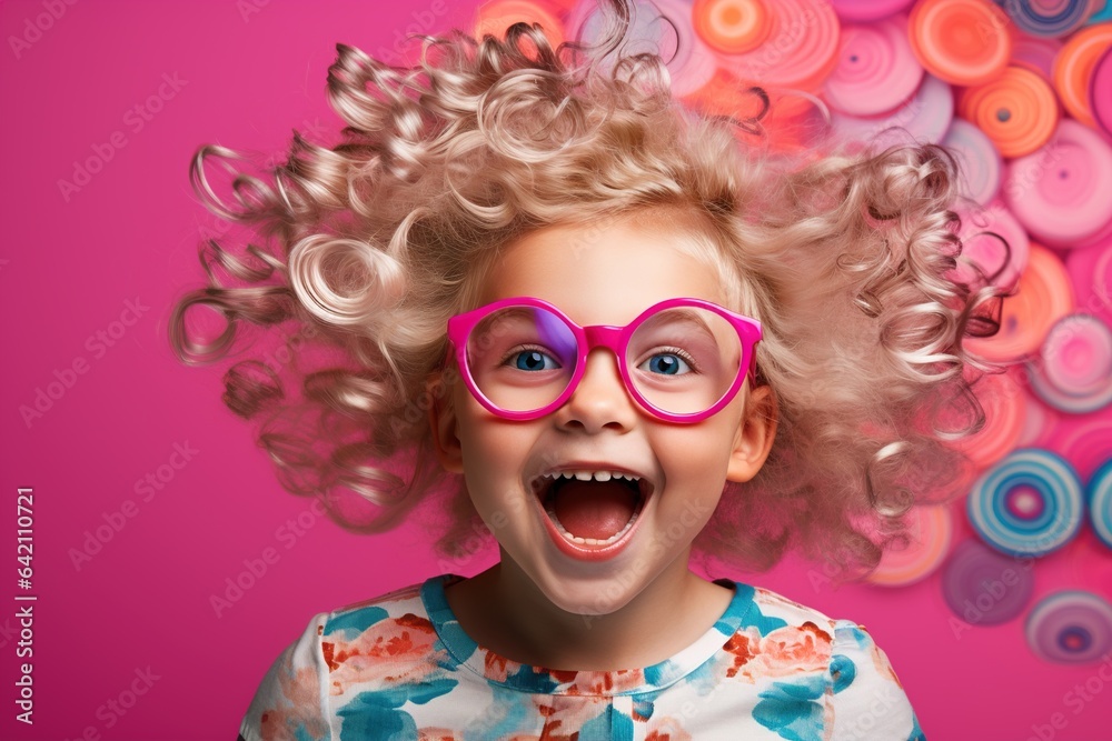 Enchanting portrait of a curly-haired girl with tousled blond locks, donning multicolored strands and glasses, exuberantly captured in a joyful scream on the vibrant pink background.