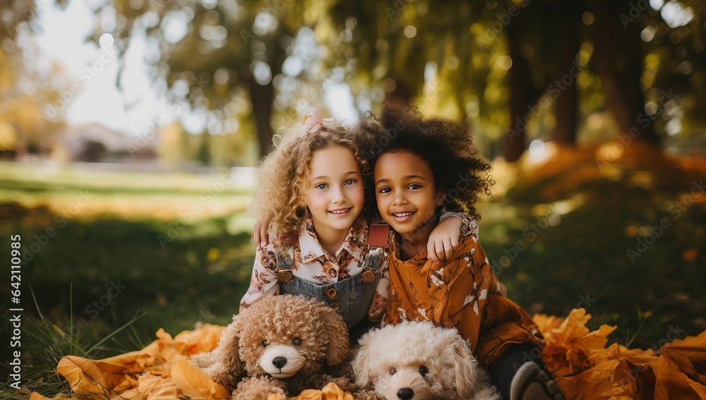 Two little girls sitting in autumn park with teddy bears and smiling Two little girls sitting in autumn park with teddy bears and smiling