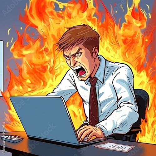 angry business man with laptop and burning fire