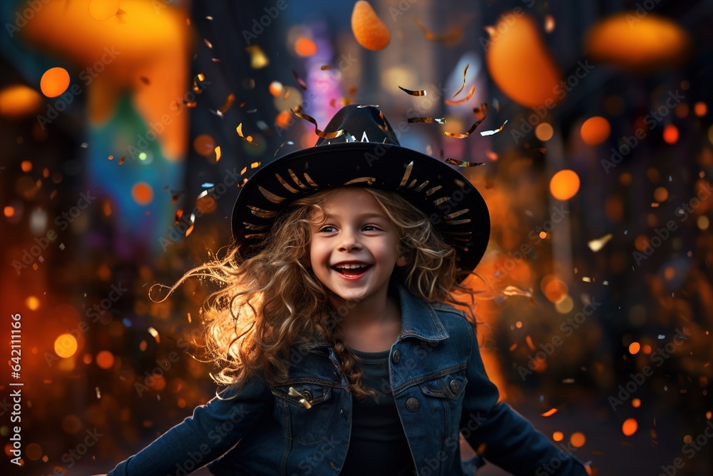 Fototapeta premium Concept portrait of a little girl exuberantly adorned in a Halloween witch's hat and festive attire, surrounded by swirling confetti.This moment of pure, radiant joy of holiday.