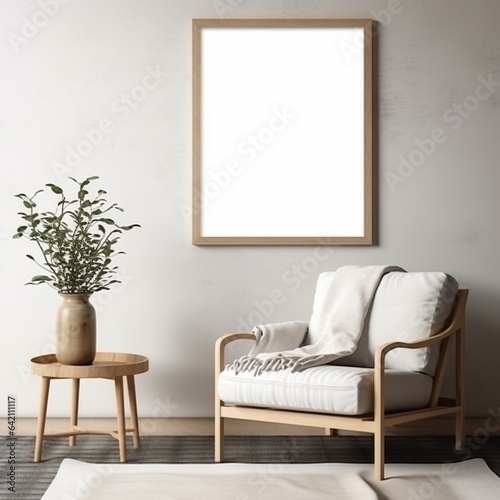 minimilistic lounge with blank photo frame on wall for mock up photo