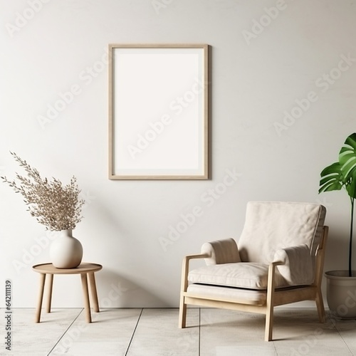 minimilistic lounge with blank photo frame on wall for mock up photo