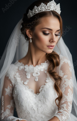 Portrait of a beautiful young bride in a gorgeous white lace wedding dress.