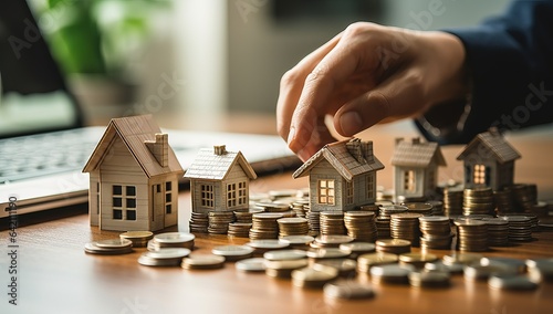 Real estate investment and property ladder concept. House model on stack of coins with hand of real estate agent.