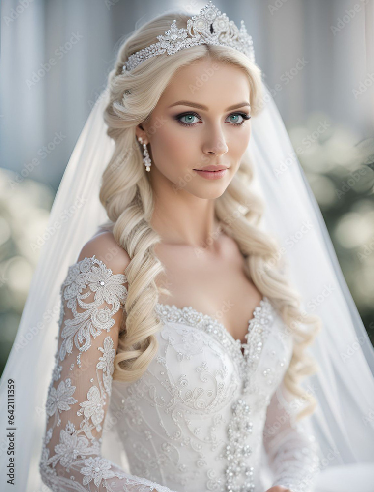 Portrait of a beautiful young bride in a gorgeous white lace wedding dress. Portrait of a beautiful young bride in a gorgeous white lace wedding dress.