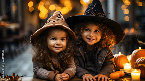 Cute two year old little girl and little boy in Halloween theme in front of house