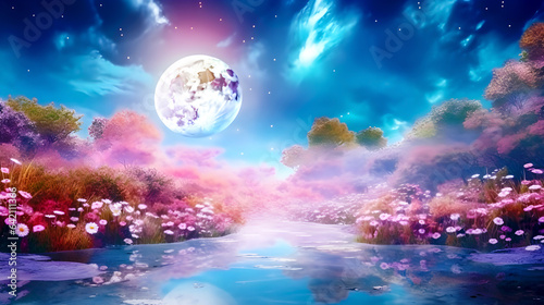 Oil painting of full moon and field of pink flowers in a fairy tale atmosphere