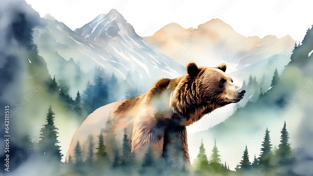 Double exposure of a bear and a mountain, natural scenery. Watercolor. Watercolor postcard of mountains and bear. - obrazy, fototapety, plakaty 
