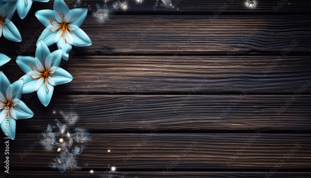 Christmas background with snowflakes and crocus on wooden planks Christmas background with snowflakes and crocus on wooden planks