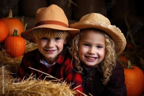 Portrait of a cute funny kids posing with pumpkins on ranch
