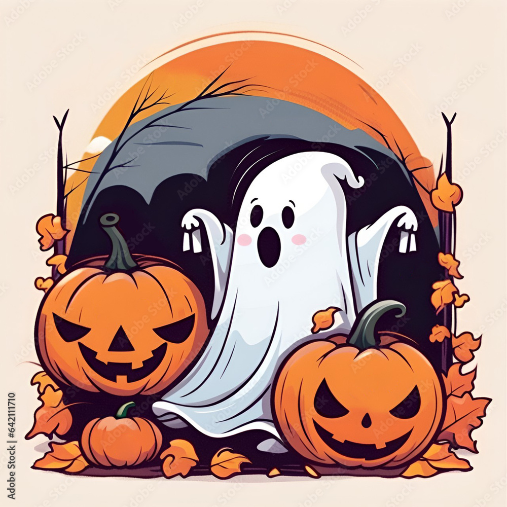 Cute cartoon Halloween ghost with pumpkins. 