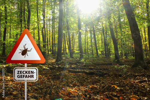 Warning sign for infected ticks in a forest. Risk of tick and Lyme disease. photo