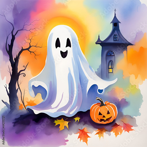 Watercolor painting of a cute Halloween ghost with pumpkins.