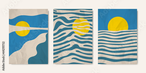 Set of minimalist posters with sky, sun and sea. Vector illustration.