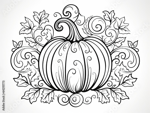 pumpkin surrounded by swirly leaves for adults coloring page 