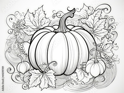 pumpkin surrounded by swirly leaves for adults coloring page 