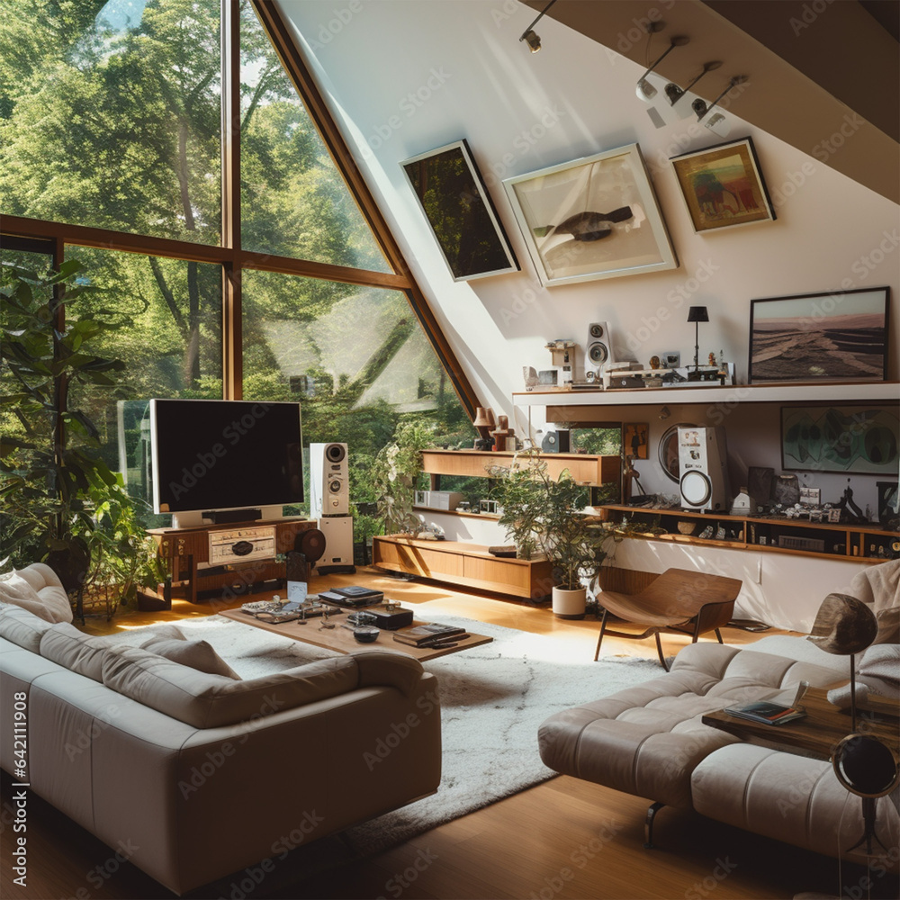 Fototapeta premium modern living room in a A-Frame with forest in the background