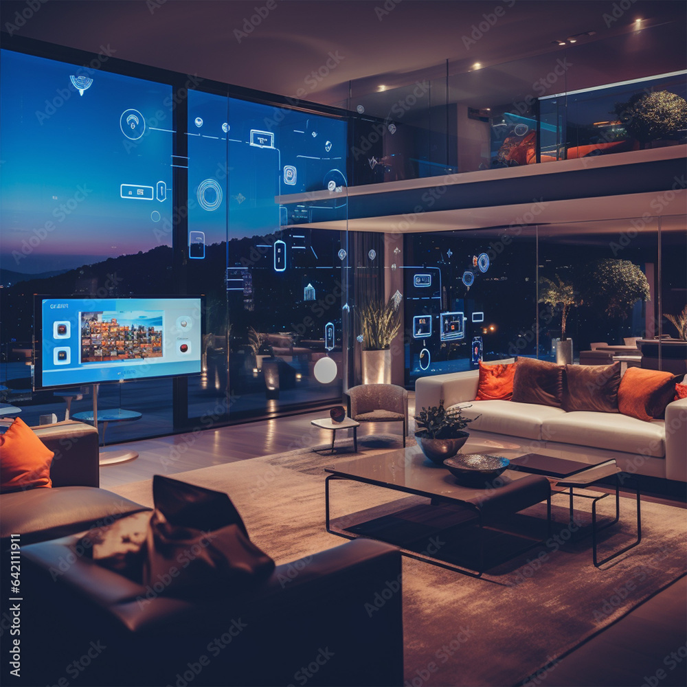 Interior of a modern smart home with holographic features and window looking out to a sunset Interior of a modern smart home with holographic features and window looking out to a sunset