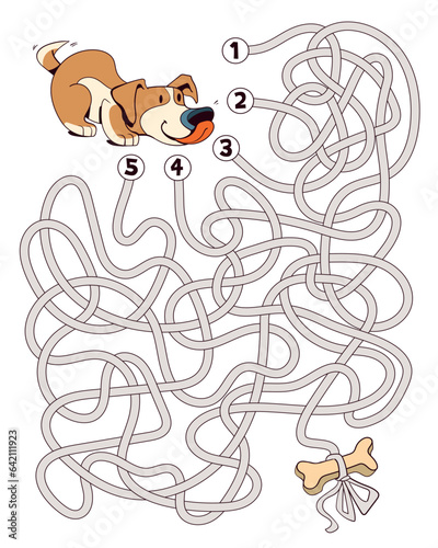 Help the dog through the maze. Children logic game to pass the maze. Educational game for kids. Attention task. Choose right path. Funny cartoon character. Worksheet page. Vector illustration